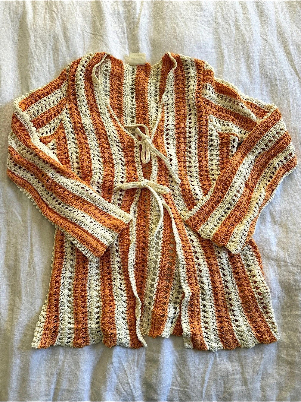 ZULU & ZEPHYR Golden Stripe Cotton Knit Pullover Cardigan Orange & Cream Medium